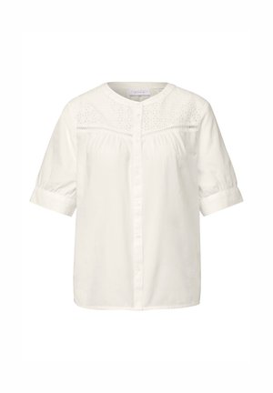 Witte blouse met korte mouwen, knoopsluiting aan de voorkant, ronde kraag en opengewerkte details over de schouders. Zacht, lichtgewicht stof met een relaxte pasvorm.