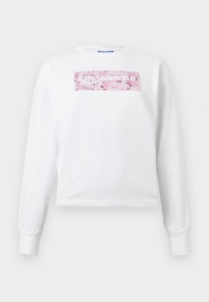 Sweat-shirt blanc à manches longues avec un imprimé rectangulaire floral rose et le texte "KARL LAGERFELD JEANS" sur la poitrine.