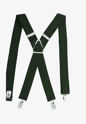 Grüne Stoffhosenträger mit X-Form-Design, ausgestattet mit silbernen Metallclips und einem zentralen Diamantverbinder für eine verstellbare Passform.