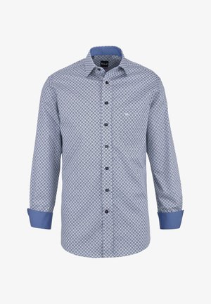 Camicia da uomo a maniche lunghe con bottoni, motivo geometrico blu, fodera del colletto e polsini blu a contrasto, bottoni neri sul davanti.