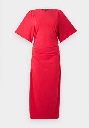 Punane midikleid, millel on lühikesed laiad varrukad, ümmargune kaelus ja kokku tõmmatud detail vööl, millel on sile ja veniv tekstuur.