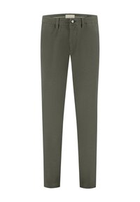 Olíva zöld vászon nadrág, slim fit fazonnal, gombos zárással, övhurkokkal és elülső zsebekkel.