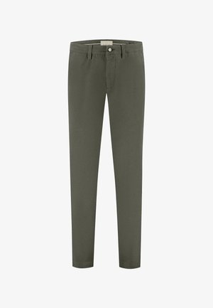 Olive roheline puuvillased püksid, slim fit disainiga, varustatud nööbiga sulgemise, vöökohavööde ja ees olevate taskutega.