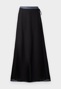 Czarna spódnica o zwiewnym fasonie, posiada jednolitą kolorystykę, gładką fakturę oraz kontrastowy niebieski pas z detalem w postaci kokardy.