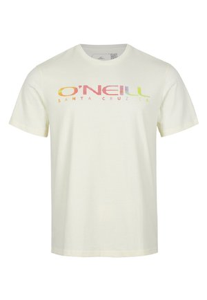Kurzärmeliges T-Shirt mit Rundhalsausschnitt aus offweißem Baumwollstoff; mit mehrfarbigem "O'Neill Santa Cruz CA"-Logo auf der Brust.