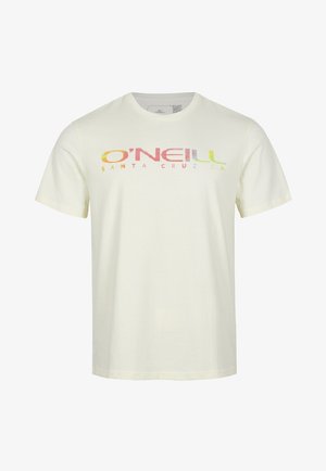T-shirt à manches courtes et col rond en coton écru ; arbore un logo multicolore "O'Neill Santa Cruz CA" sur la poitrine.