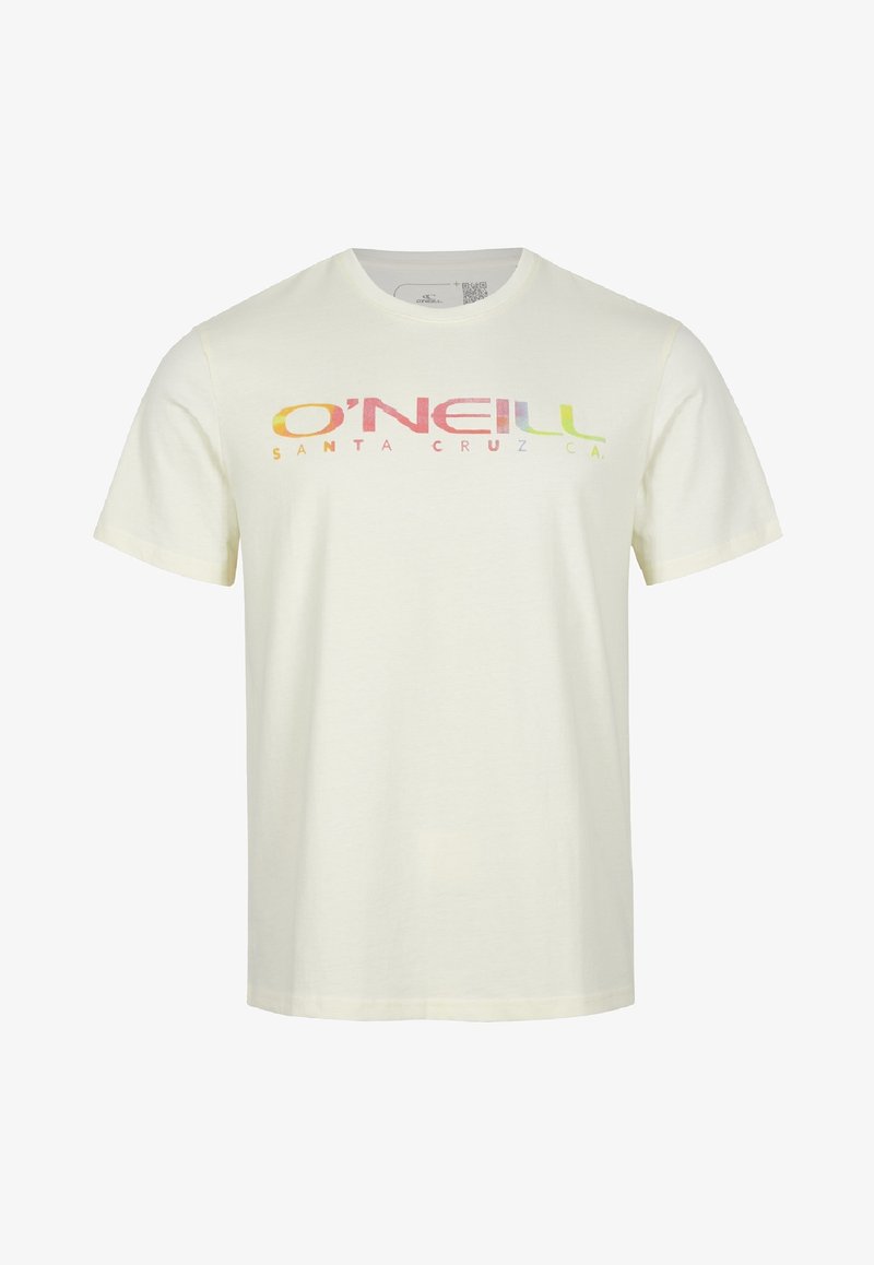 T-shirt à manches courtes et col rond en coton écru ; arbore un logo multicolore "O'Neill Santa Cruz CA" sur la poitrine.