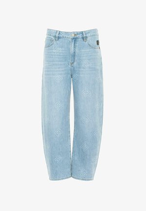 Jeans azzurri a gamba larga realizzati in denim, caratterizzati da un motivo sottile, cinque tasche e una chiusura centrale con bottone in vita.