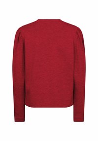 Crvena majica dugih rukava s teksturiranim, melange finišem. Ima okrugli dekolte i blago napuhane ramene dijelove. Prikazan stražnji pogled.