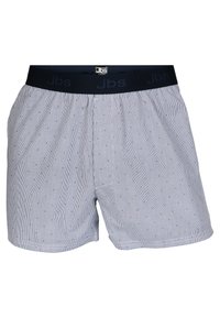 Modré a bílé pruhované boxerky s malými tečkami, s námořnickou elastickou gumou s logem "Jbs". Lehká tkanina, volný střih.