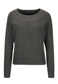 Dunkelgrüner Pullover mit weitem Halsausschnitt, langen Ärmeln, gerippten Bündchen und Saum, strukturiertem Strickmuster und subtilen Farbvariationen im gesamten Material.