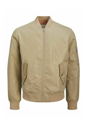 Bomber jacket beige chiaro realizzato in tessuto liscio. Presenta una zip frontale, due tasche laterali e un colletto e polsini a coste.