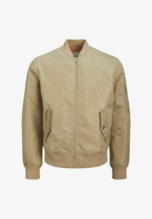 Bomber jacket beige chiaro realizzato in tessuto liscio. Presenta una zip frontale, due tasche laterali e un colletto e polsini a coste.