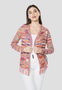 Meer-kleurige gebreide cardigan met lange mouwen, open voorkant en franjerand aan de zoom. Gemaakt van zachte, gestructureerde stof.
