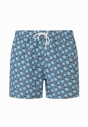 Costume da bagno da uomo blu con fantasia floreale, vita elasticizzata e laccio bianco.