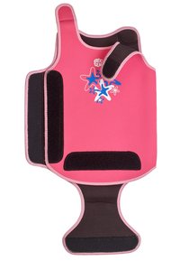 Aide à la natation en néoprène rose avec des sangles Velcro noires, présentant un design d'étoile de mer en bleu et rouge. Forme contournée pour un ajustement sécurisé.