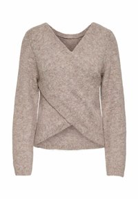 Pull enveloppant marron en matière duveteuse avec un décolleté en V profond, des manches longues et un design croisé à la taille.