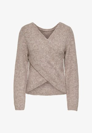 Brązowy sweter kopertowy wykonany z miękkiego, puszystego materiału, z głębokim dekoltem w serek, długimi rękawami i krzyżującym się wzorem w talii.