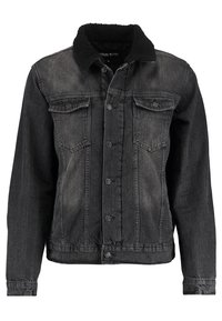 Svart denimjacka med fårskinnskrage, knappstängning fram, två bröstfickor och lätt blekning. Långa ärmar med knappmanchetter.