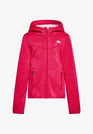 Kurtka polarowa w intensywnym różowym kolorze z kapturem, zapinana z przodu na zamek, z dwoma bocznymi kieszeniami. Posiada subtelny, teksturowany wzór oraz logo na piersi.