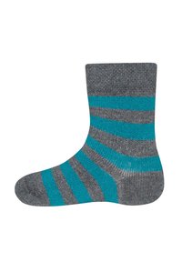Gray socks with turquoise and gray stripes, made of knit fabric. Features a ribbed cuff and a smooth texture. Standard ankle length.