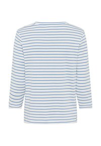 Weißes Langarmoberteil mit blauen horizontalen Streifen, rundem Ausschnitt und lässiger Passform. Aus weichem Baumwollstoff gefertigt.