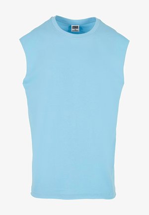 Jasnoniebieska bezrękawnik z miękkiej bawełny. Okrągły dekolt ze stębnowanymi brzegami, bez zdobień czy wzorów. Prosty, klasyczny design.