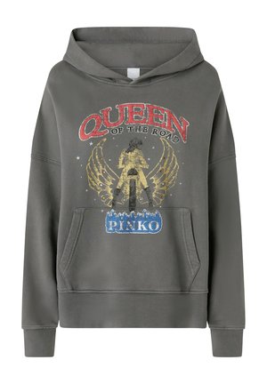 Felpa grigia con un grafiche frontale che riporta il testo "REGINA DELLA STRADA", ali d'angelo e "PINKO" in blu, con tasca a marsupio.