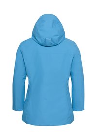 Veste imperméable bleu clair avec capuche, présentant une texture lisse, des manches longues et une silhouette ajustée. La vue arrière met en avant un design minimaliste.