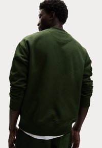 Felpa verde con collo a giro e polsini a righe, caratterizzata da una texture morbida e un design minimalista, vista da dietro.