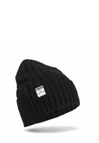 Berretto lavorato a maglia nero con righe verticali, dotato di un'etichetta con il logo bianco del marchio sul lato. Texture morbida, design a punta conico.