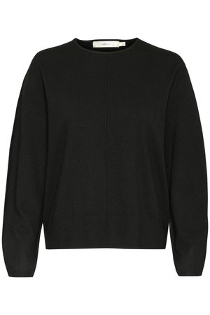 Fekete kötött pulóver kerek nyakkivágással, hosszú ujjal és egyenes szabással. Simai textúrával és minimalista dizájnnal rendelkezik.