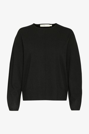 Fekete kötött pulóver kerek nyakkivágással, hosszú ujjal és egyenes szabással. Simai textúrával és minimalista dizájnnal rendelkezik.
