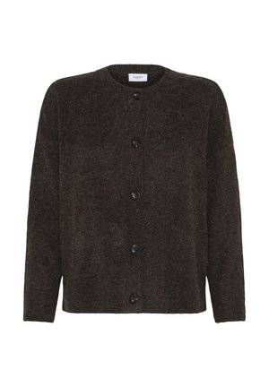 Dark brown button-up cardigan with long sleeves and a round neckline, made of soft, textured knit fabric.