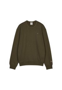 Felpa verde oliva realizzata in tessuto morbido; presenta un colletto girocollo, maniche lunghe, polsini a coste e un piccolo logo sul petto.