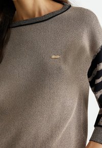 Pull en maille marron avec un col côtelé, des manches rayées noires, et un petit logo doré sur le devant. Texture douce.