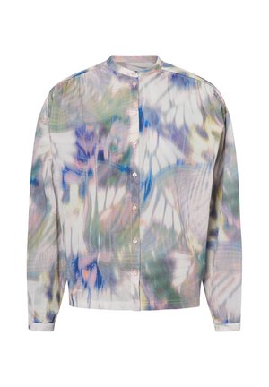 Langarm blouse met knoopsluiting, een mandarinocol en een abstract aquarelpatroon in zachte pastelkleuren van blauw, groen, paars en roze.