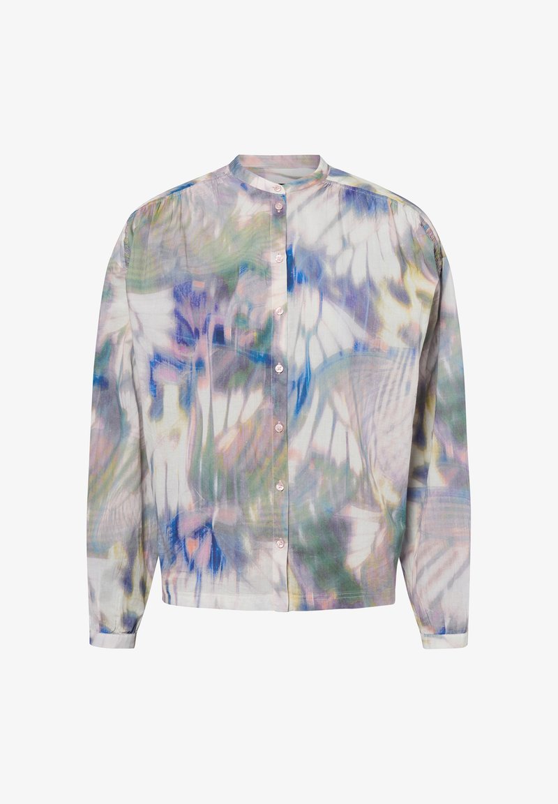 Long-sleeve button-up blouse with a mandarin collar and abstract watercolor pattern in soft pastel shades of blue, green, purple, and pink.