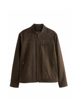 Rudos spalvos zomšinis švarkas su priekinio užtrauktuko užsegimu, stende apykakle su spaudžiamu mygtuku, kišenė krūtinėje ir dvi užtraukiamos šoninės kišenės, ilgomis rankovėmis, paprastas dizainas.