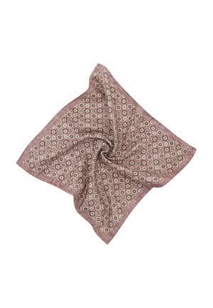 Firkantet mønstret mauve og beige stoflommetørklæde med geometriske blomster-motiver, arrangeret i en løs snoet fold på hvid baggrund.