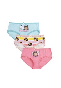 Trois paires de sous-vêtements pour enfants : bleu clair, rose et à rayures. Avec des personnages de dessins animés et un tissu doux et extensible, ornés de nœuds.