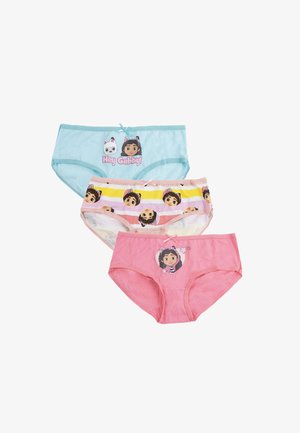 Tre paia di mutandine per bambini: azzurre, rosa e a righe. Presentano personaggi dei cartoni animati e sono realizzate in tessuto morbido e elasticizzato con fiocchetti.