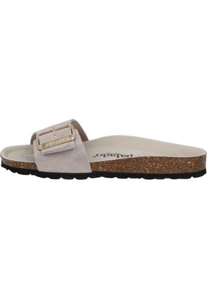 Beige ruskinds slidessandal med et gyldent spænde, korkfodbed, sort sål og mærkenavn synligt på indersålen.