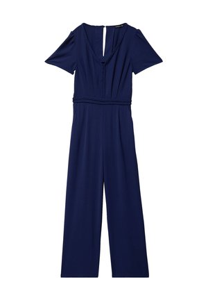 Donkerblauw damesjumpsuit met korte mouwen, V-hals, gevlochten rand bij taille en halslijn, en wijd uitlopende broeken.