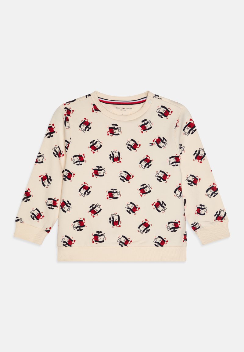 Cream cotton sweatshirt with long sleeves, featuring a colorful cartoon print of gifts and characters. Round neckline and ribbed cuffs.