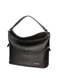 Borsa a tracolla in pelle nera con design morbido, una tracolla, scomparto con zip, superficie testurizzata e logo del marchio nella parte inferiore.