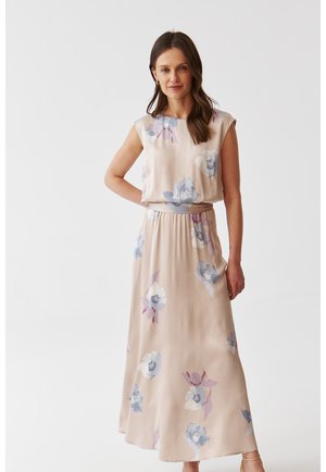 Maxikleid mit Twist-Front aus weichem Stoff, mit pastellfarbenen Blumenmustern in Blau und Lavendel, kurzen Ärmeln und elastischem Bund.