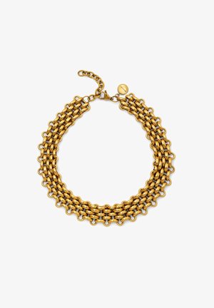 Goldfarbene Kettenhalskette mit ineinandergreifenden ovalen und runden Gliedern. Verstellbarer Verschluss mit einem kleinen Anhänger am Verschluss. Glatte Textur.