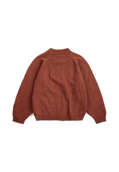 Pull tricot couleur rouille avec manches longues et col, poignets et ourlet côtelés, vu de dos sur fond blanc.