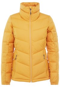 Giacca a vento gialla con colletto alto, caratterizzata da motivi a righe orizzontali e a chevron, due tasche laterali con zip e chiusura frontale con cerniera.